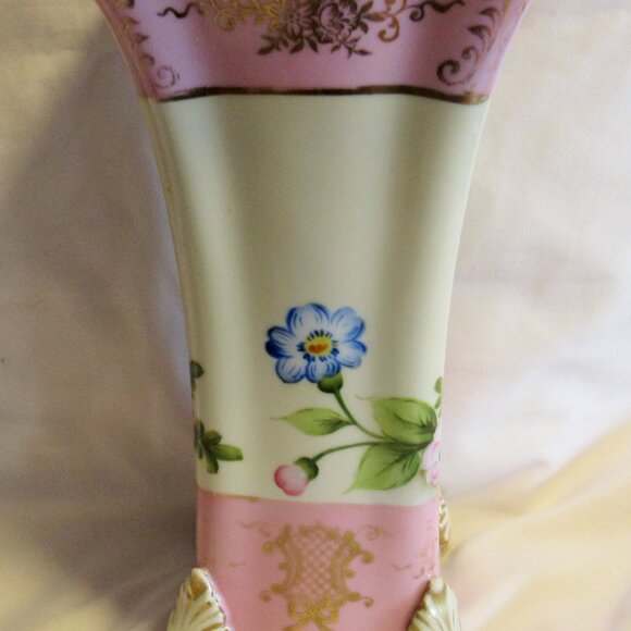 Vintage Noritake Wreath M Mark 4 Toed Vase Hand Painted Floral Pink & Gold J489 - Picture 9 of 10